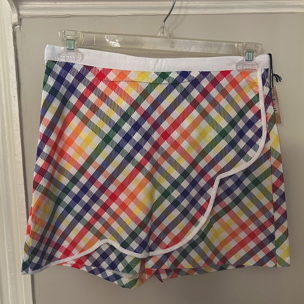 Smak Parlour Rainbow Gingham Faux Wrap Scalloped Skort Size L (8-10) NWT